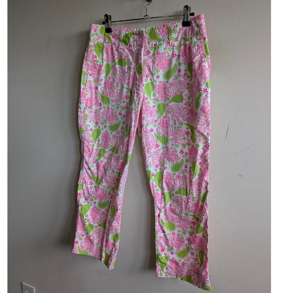 Lilly Pulitzer Pink Green Tiger Paisley Cropped Cards Pants Sz 6 Stretch Cotton - Picture 3 of 6